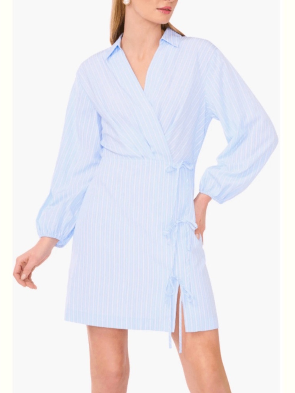 1. State Light Blue Pinstripe Wrap Dress size M